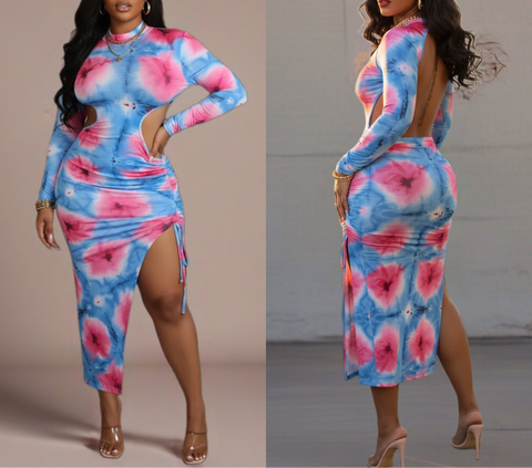 Tie-Dye Cutout Ruched Maxi Dress
