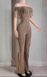 Mineral Wash Fringe Off Shoulder Jumpsuit
