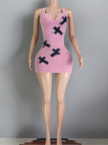 Mineral Wash Denim Cross Detail Tank Mini Dress