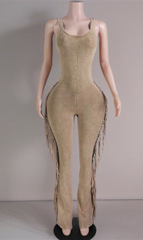 Mineral Wash Fringe Open Back Jumpsuit