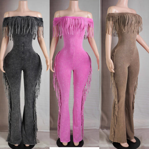 Mineral Wash Fringe Off Shoulder Jumpsuit