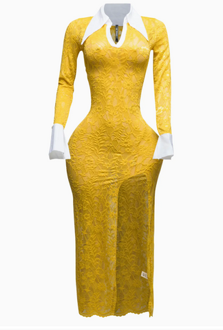 Accent Collared Lace Maxi Dress with Slit