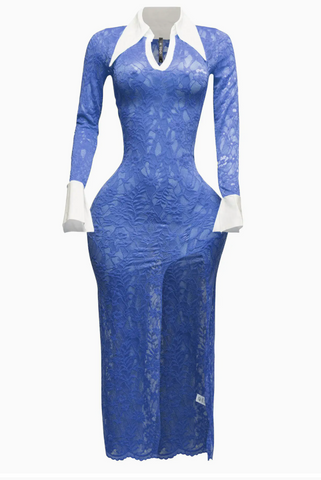 Accent Collared Lace Maxi Dress with Slit